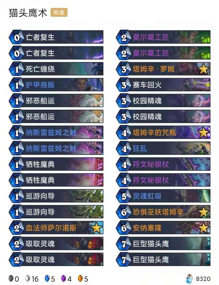 首日卡组:猫头鹰术/节奏剽窃贼/奥秘猎/圣契骑/野猪贼/决斗骑
