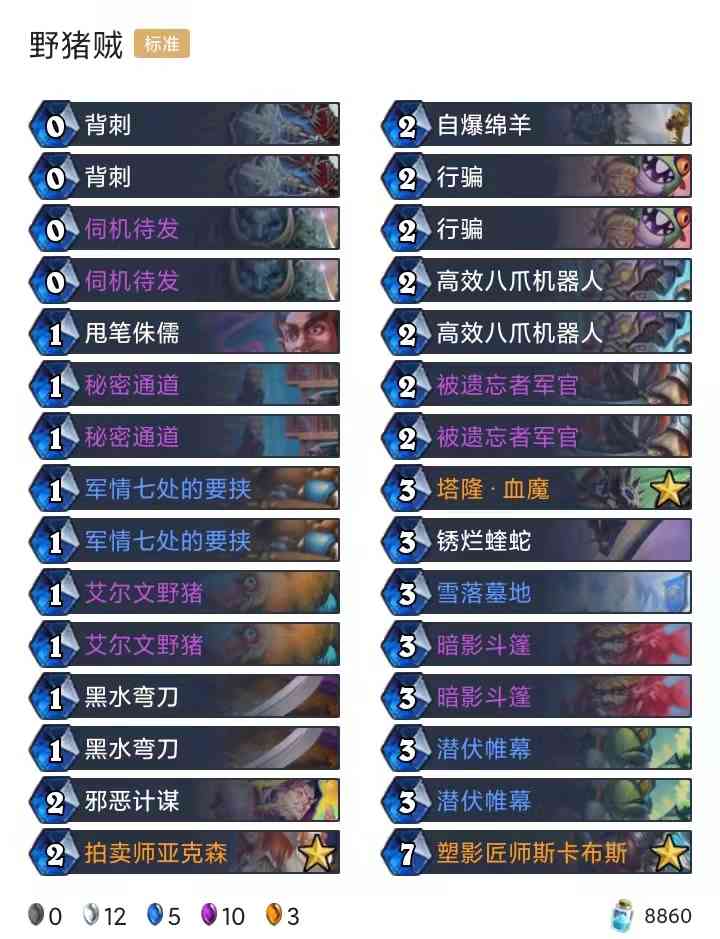 首日卡组:猫头鹰术/节奏剽窃贼/奥秘猎/圣契骑/野猪贼/决斗骑