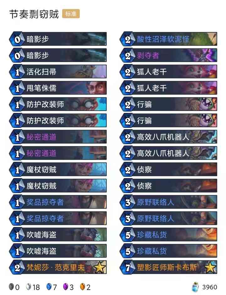 首日卡组:猫头鹰术/节奏剽窃贼/奥秘猎/圣契骑/野猪贼/决斗骑