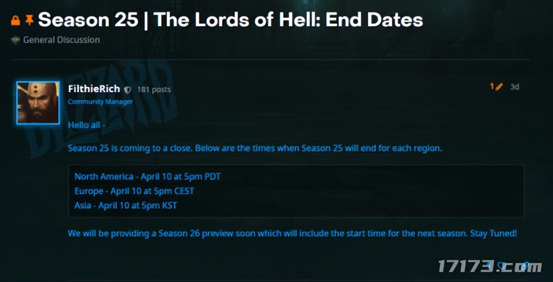《暗黑破坏神3》第25赛季将于北京时间4月10日结束