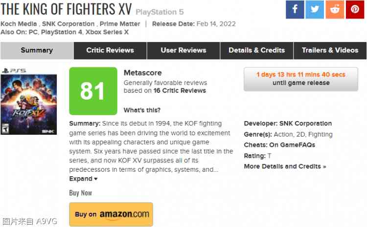 《拳皇15》媒体评分出炉：IGN 8分 mtc平均分81