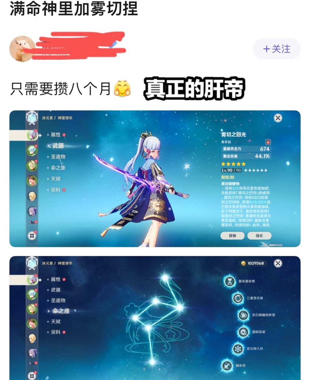 原神:可喜可贺!肝帝攒了8个月的原石,终于拿下满命绫华 雾切