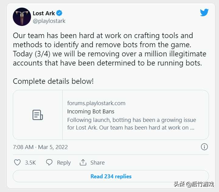 类似暗黑破坏神的网络游戏《失落的方舟》的严打脚本在一天内封杀了100万个机器人